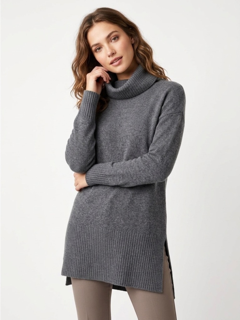 Only Mine Turtleneck Tunic Sweater Ribbed Hem 100% Cashmere Gray XS